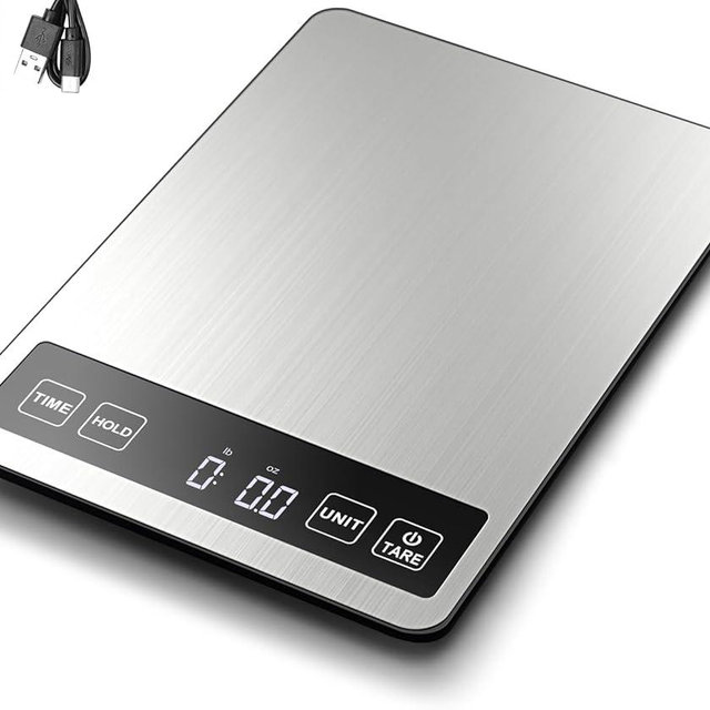 Fuzion Food Scale, 1g/0.1oz Kitchen Scale Grams and Ounces - 22lb, 7 Units, Tare & Timer Functions, Rechargeable Power, Tempered Glass & Stainless Steel - Digital Food Scale for Cooking, Baking