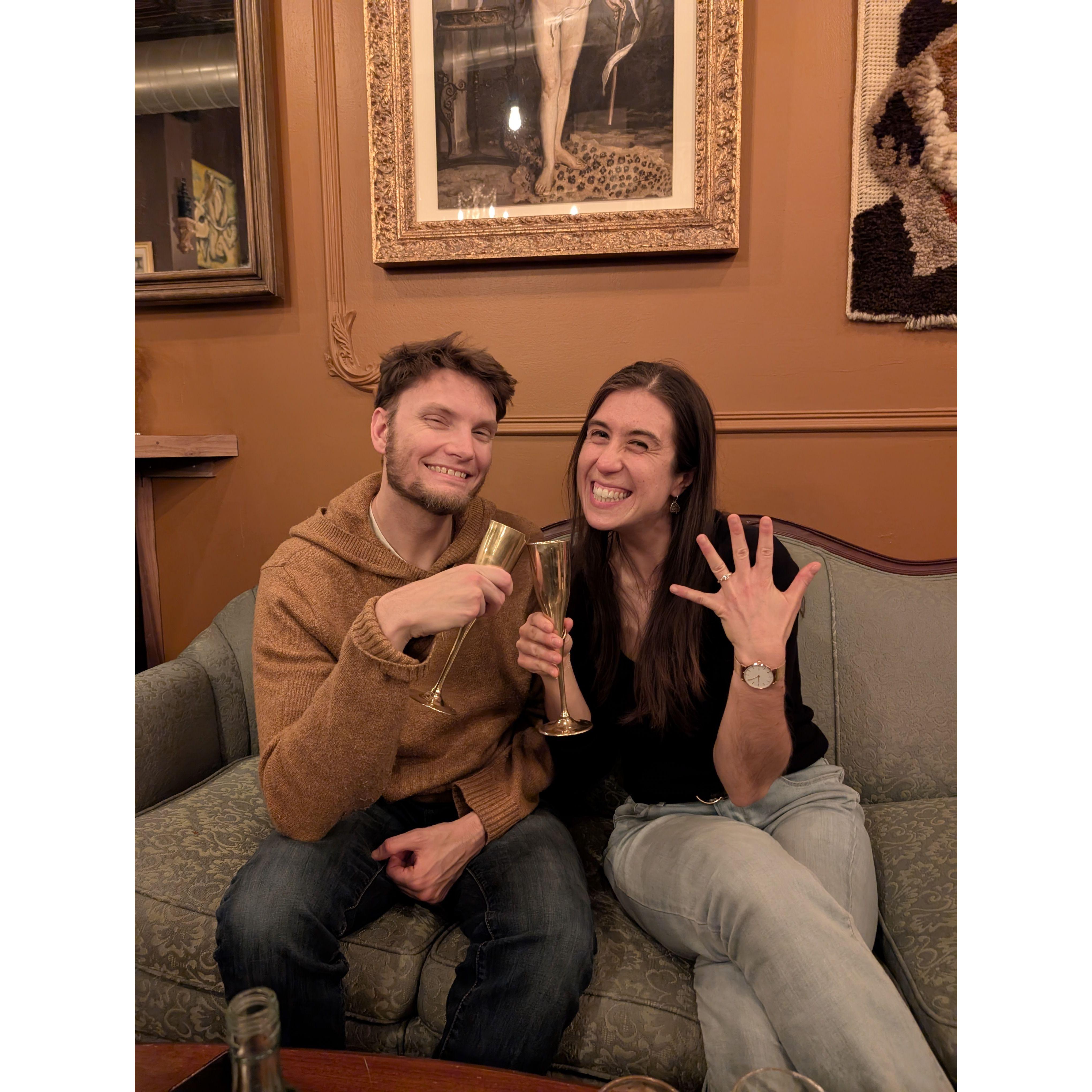 Celebrating our engagement at Bedlam Public House in Denver! January 2025.