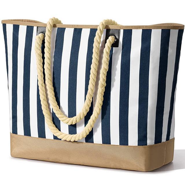Beach Bags for Women, Pool Bag Waterproof Sandproof Beach Bag Large Capacity Beach Swim Bag with Zipper Stripe Beach Tote