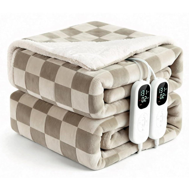IUUI Heated Blanket Electric Queen Checkered- 84x90 Inches Soft Flannel Heating Blanket,Fast Heating Blanket 6 Heating Levels & 2 Hours Auto Off ETL Certification (Light Brown, Queen 84" x 90")