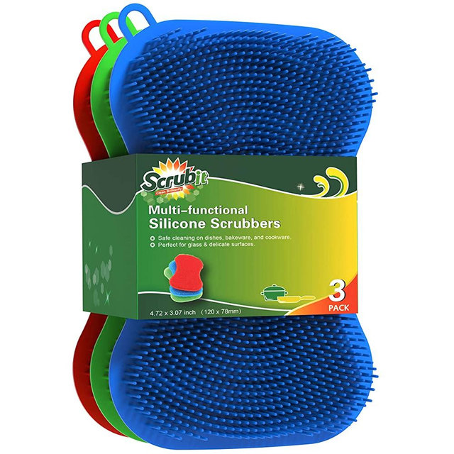 Silicone Scrubbing Pad Sponges by SCRUBIT - Real Silicon Non Scratch Kitchen Scrubber - Non Smell Cleaning Sponges for Kitchen Dishes - Reusable Soft Dish Sponge - Blue Red Green Pads (3 Pack)