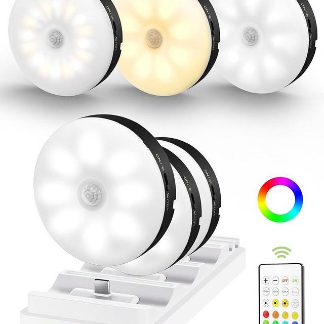 EZVALO Under Cabinet Lighting with Charging Station,1000mAh Rechargeable Puck Lights with Remote, 3 Color Temps & RGB Closet Lights, Dimmable Motion Sensor Lights for Shelf, Kitchen (6 Packs)