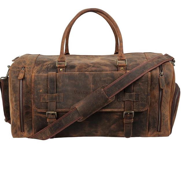 VINTAGE CRAFT SHOP 22 Inch Genuine Leather Duffel Bag | Overnight Travel Weekend Sports Gym Traveling | Carryon Durable Cabin With Shoe Compartment For Men and Women
