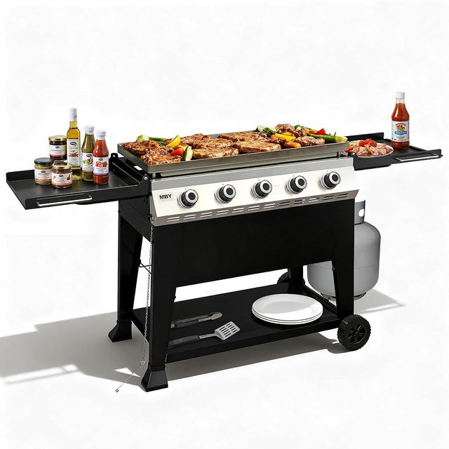36 Inch Outdoor Flat Top Gas Propane Griddle with 5 Burners 50,000BTU,Powder Coated Steel Portable Gas Grill with Side Shelves for BBQ,Camping,Backyard