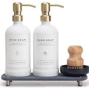 Kitchen Soap Dispenser Set - White/Gold Glass Bottle