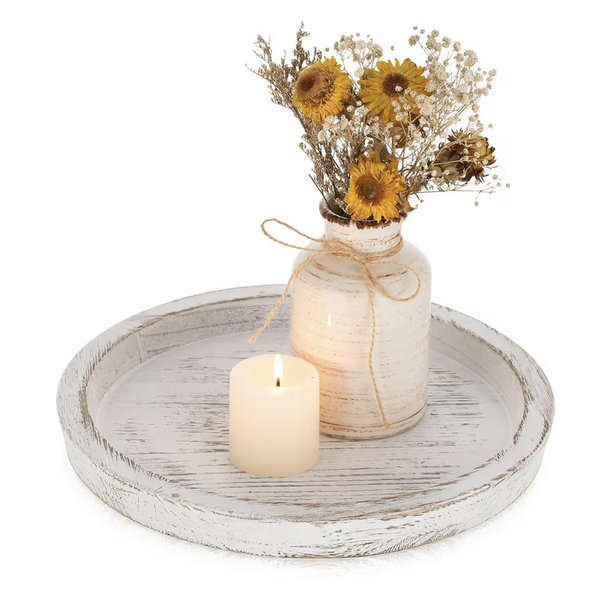 Romadedi Rustic Wooden Tray Candle Holder - Round Wood Decorative Pillar Candle Tray for Coffee Table Farmhouse Kitchen Countertop Organizer Home Decor Wedding Centerpiece, Distressed White