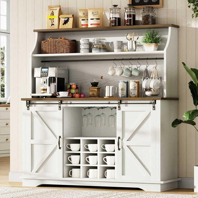 REVOMINCA Farmhouse Coffee Bar Cabinet with 3-Tier Storage, 47 Inch Coffee Bar Hutch with 12 Wine Racks and 3 Glass Holders, White Wine Cabinet with 6 Hooks for Living Dining Room