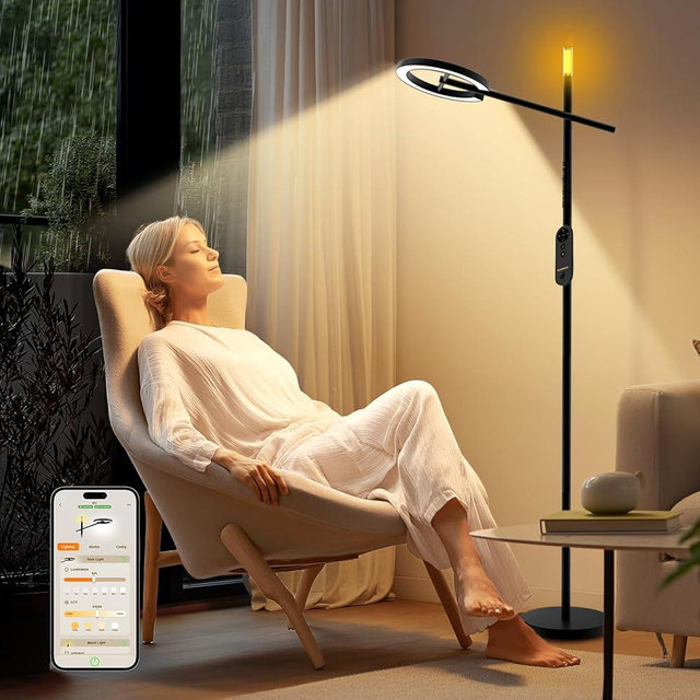 GLOWRIUM Smart Light Therapy Lamp 10000 Lux, UV-Free Sun Lamp, Full-Spectrum Happy Therapy Light, Stepless Dimmable Energy Sunlight with App & Remote, Timer, Cozy Light Settings for Winding Down