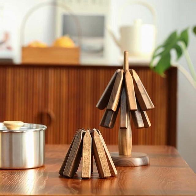 zaomengchang Wooden Trivet for Hot Dishes,Wood Coasters Set of 3 Black Walnut Tree Shape Trivet Set Coaster Foldable Heat Resistant Pads Decoración para Cocina Housewarming Gift(Walnut Wood)