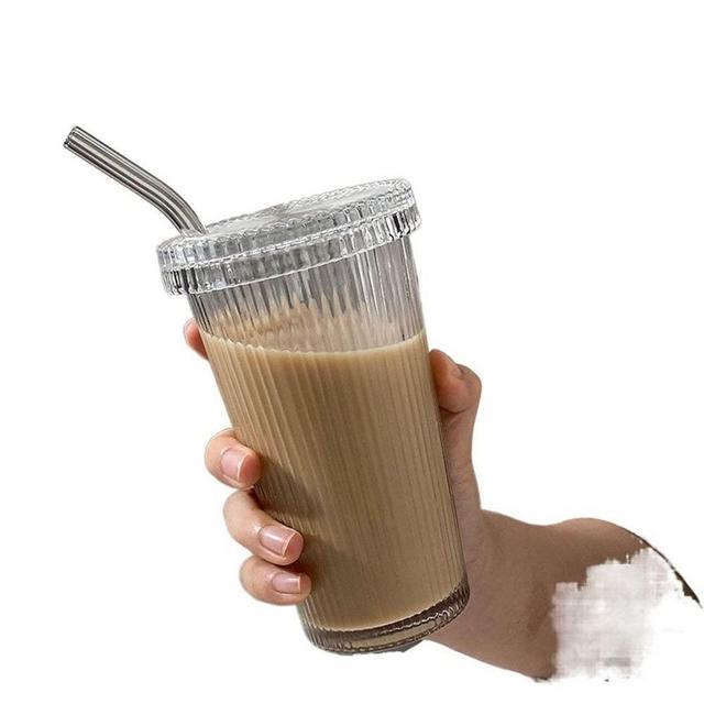 gofidin Clear Glass Coffee Mug 375ml Simple Stripe Clear Glass Cup With Lid And Straw Transparent Tea Cup Milk Coffee Mug