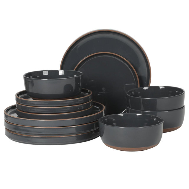 Gibson Elite Northrock Stoneware Dinnerware Set, 16-Piece Service for 4 Charcoal Blue Hand-Painted Terracotta Base