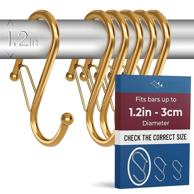 Blau Marité 6-Pack Metal S Hooks for Hanging – Heavy-Duty S-Shaped Hook with Safety Buckle – Fits Bars up to 1.2 in – Anti-Drop S-Hooks for Closet, Wardrobes & Storage – Golden (Large)