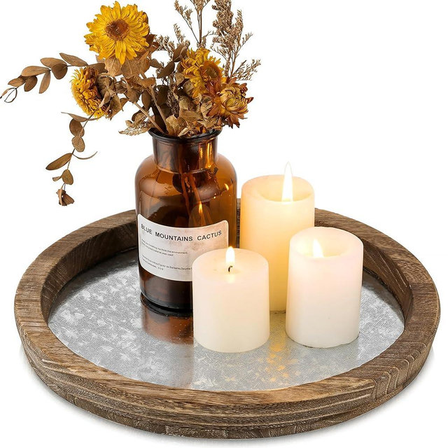 Hanobe Candle Plate Holder Tray: Round Wooden Decorative Mirror Candle Plate Small Farmhouse Table Centerpiece Rustic Tealight Pillar Trays for Christmas Wedding Halloween Home Decor