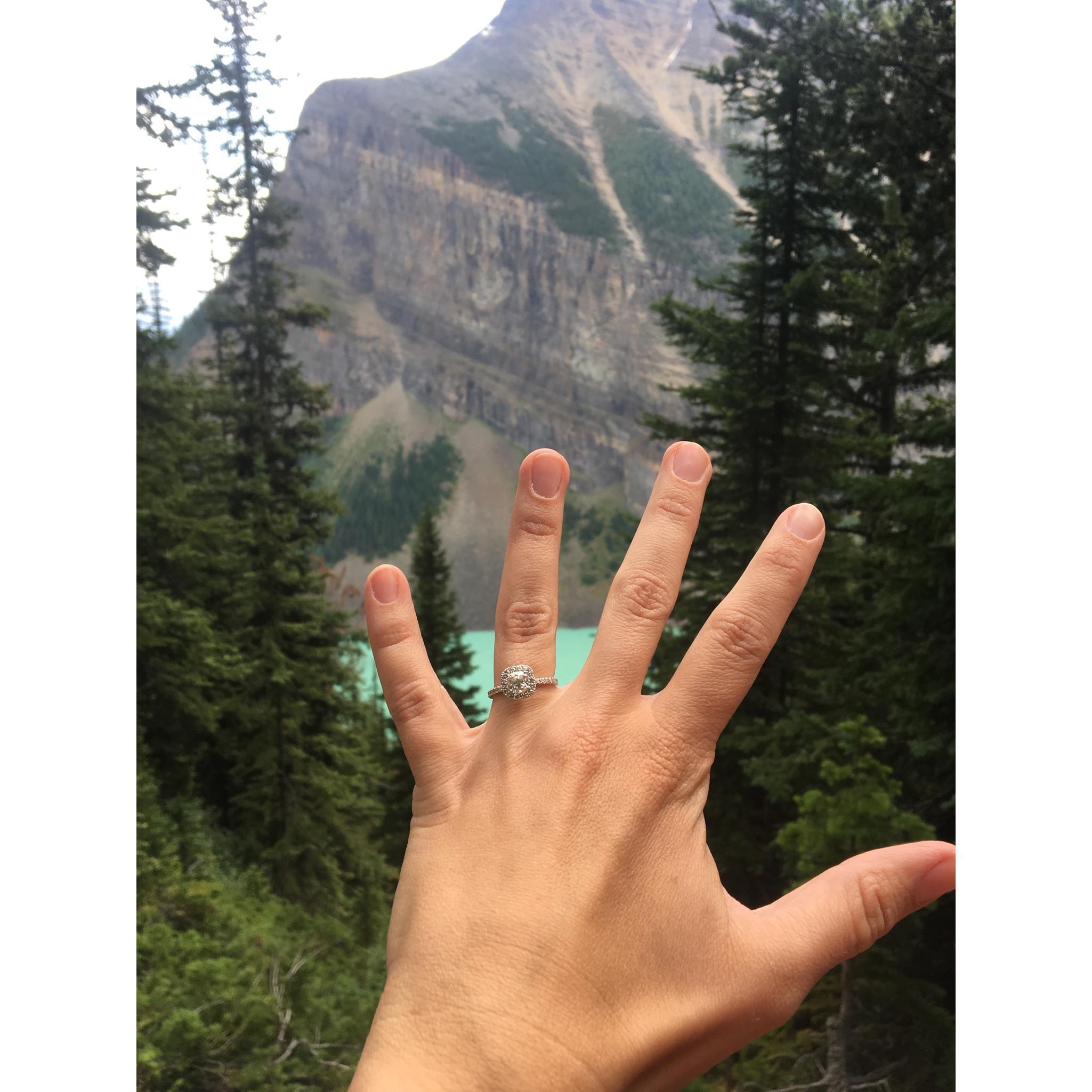 Jon proposed on a hike along the Plain of Six Glaciers in Banff National Park in Alberta, Canada on July 27, 2017.