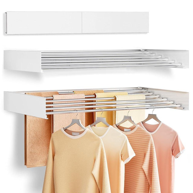 Vasunray Wall Mounted Clothes Drying Rack Folding Indoor, Foldable Laundry Drying Rack Collapsible,Invisible, Space Saving, Retractable Towel Drying Rack (6 Drying Rods, White 40")