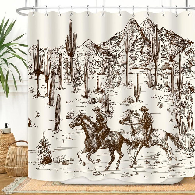 ZXMBF Western Cowboy Shower Curtain Cactus Farmhouse Country American Wild West Cowboy Riding Horse in Desert Hand Drawn Home Bathroom Decor Waterproof Fabric 72Lx72W Inch with 12PCS Hooks