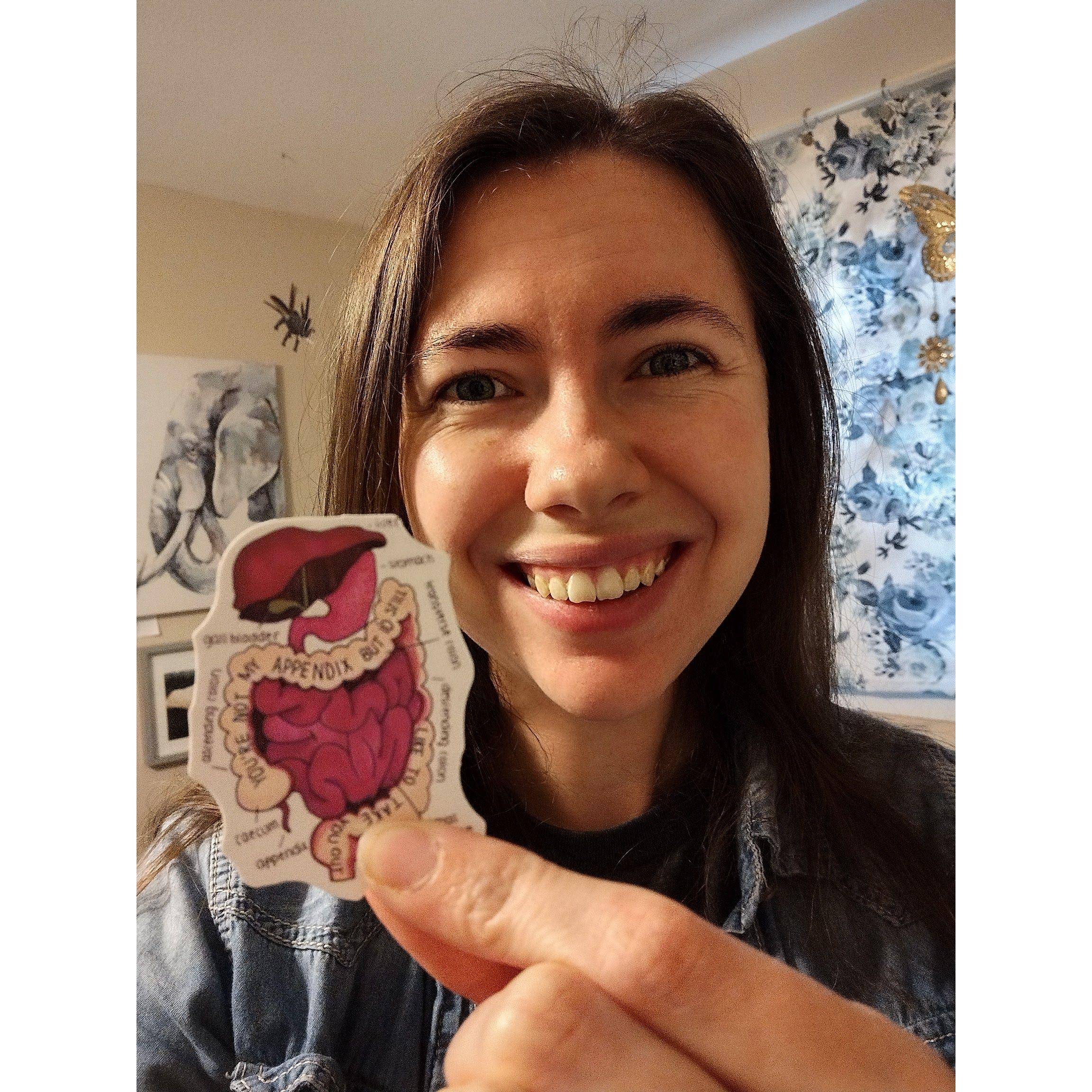 Corbin first asked Carolyn on a date with this amazing anatomic (and punny) sticker: "You're not my appendix, but I'd still like to take you out!"