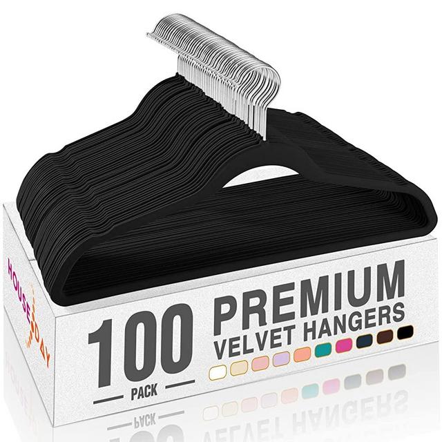 HOUSE DAY Premium Velvet Hangers, Non-Slip Thin Flocked Felt Hangers, Sturdy Clothes Hangers Heavy Duty Coat Hangers & Suit Hangers, Durable Suit Hangers for Closet Space Saving (100 Pack, Black)