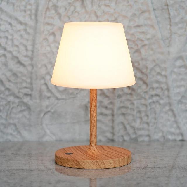 LOTITOL Outdoor Table Lamp / Cordless USB Rechargeable 4000mAh / 2700K LED / Touch Dimmable / Portable Battery Operated / IP44 Waterproof / PE shade / Bedroom Dinning Camping Patio (9.6in, Wood Grain)