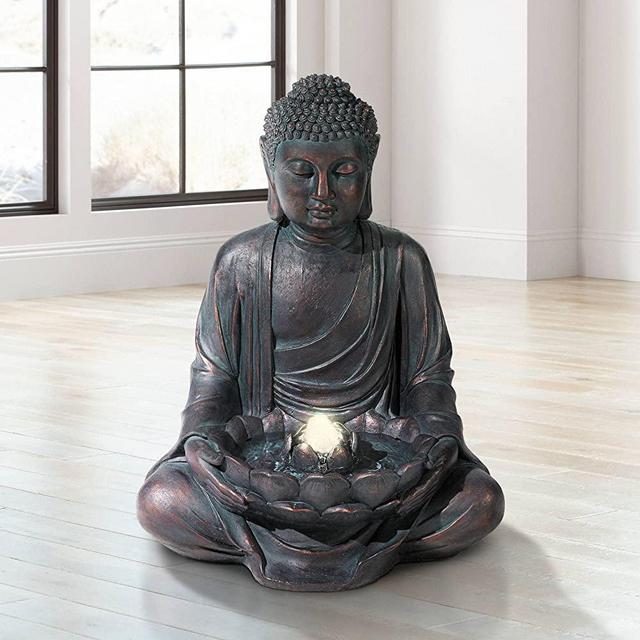 Meditating Buddha Zen Outdoor Floor Bubbler Water Fountain 24" High with LED Light Decor for Table Desk-Top Garden Yard Patio Porch Home Bedroom House Living Room Relaxation - John Timberland