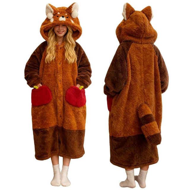 CHERSE Cute Cartoon Raccoon Hooded Nightgown Pajama Set Robe Snuggie Wearable Blanket Hoodie for Women Animal Winter