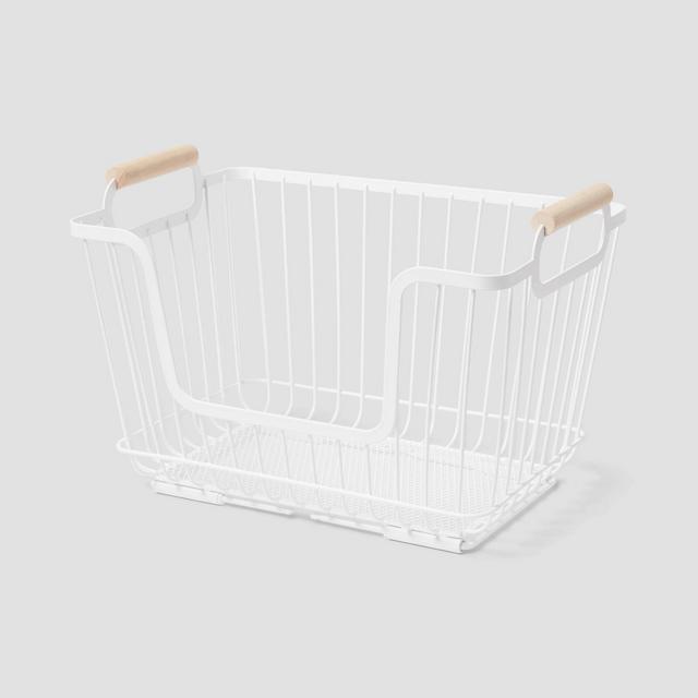Metal Nesting Squre Wire Pantry Basket with Rubber Wood Handle White - Brightroom™