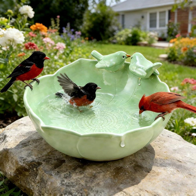 Ceramic Bird Bath for Outdoors, 10.1” Hand-Painted Glazed Ceramic Bird Baths Bowls and Feeders for Outside, UV/Frost-Resistant Finish Ground Garden Table Top Bird Baths Decor for Patio Yard Home Green