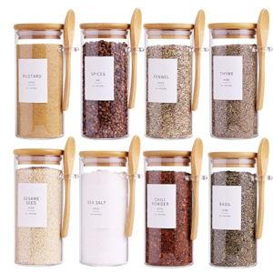 8 Pcs Glass Containers with Bamboo Lids and Spoons - 10 oz Sugar Container with 148 Kitchen Pantry Spice Jar Labels Preprinted - Glass Spice Jars with Wooden Lids Hold Coffee, Tea, Candy, Herbs