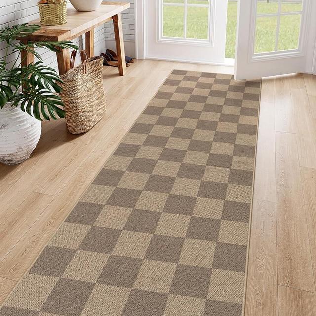 Lahome Checkered Easy Jute Kitchen Runner, 2x8 Washable Indoor Outdoor Runner Rug, Checkerboard Non Slip Non Shedding Neutral Carpet for Hallway Entryway Foyer