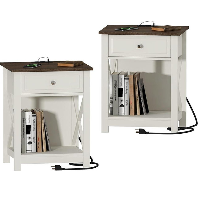 Treocho Farmhouse End Table Set of 2,Nightstand with Charging Station, X-Design Side Table with 2 AC and USB Power Outlets, Small Night Stand with Storage Drawer and Open Shelf for Living Room