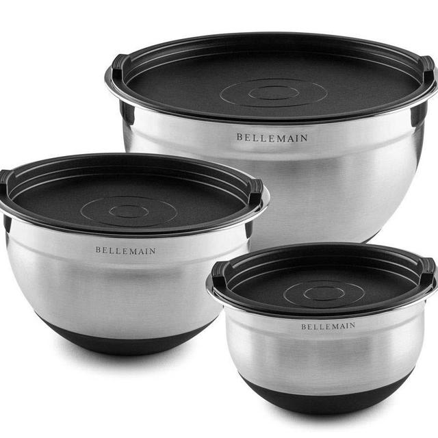 Bellemain Stainless Steel Non-Slip Mixing Bowls with Lids (3 Piece, Silver/Black)