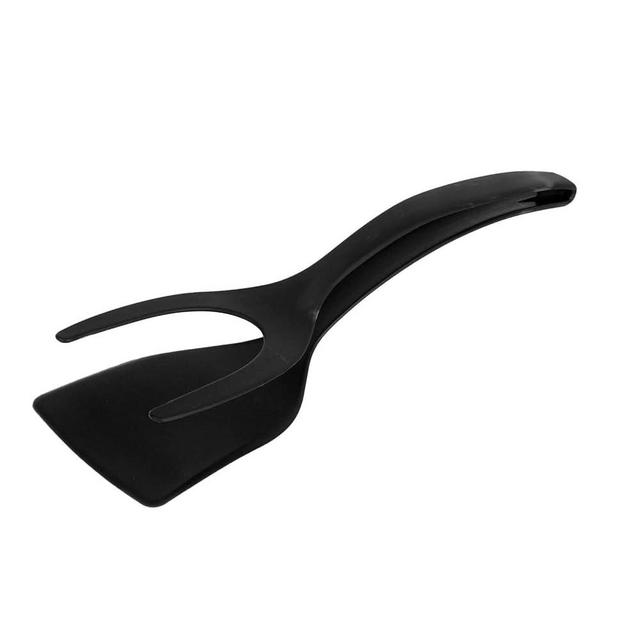 High Temperature Resistance Spatula Non Stick 2 in 1 Kitchen Tool for Frying Turning Cutting Eggs Pancakes Meat with Sloping Edges and Grip and Flip Tongs Scraper (Black)