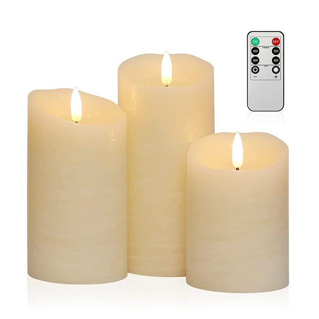 Flickering Flameless Candles with Remote, Real Wax Battery Operated Candles with Timer, Ivory White Candles for Valentines Wedding Holiday Party Home Decor, Set of 3
