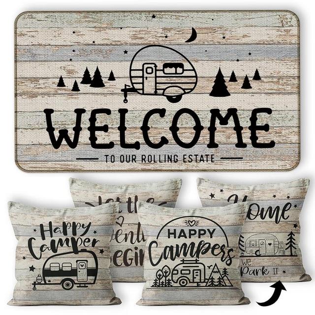 M-Qizi Camper Decor 3 Pieces Set - Camper Gifts, 1 * 30''x17'' RV Door Mat, 2 * 18x18 Camper Pillows Cover, RV Decor - Happy Camper Let The Adventure Begin