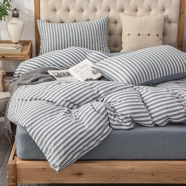 PURE ERA Jersey Knit Duvet Cover Set 100% T-Shirt Heather Cotton Super Soft Comfy Classic Striped Design, with Zipper Closure, Blueish Grey Stripe, King