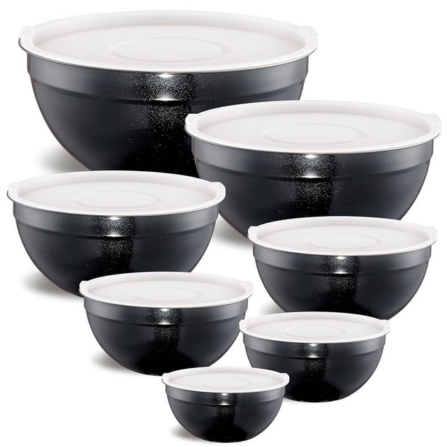 Moxinox Black Mixing Bowls with Airtight Lids, Stainless Steel Nesting Mixing Bowls Set of 7, Ideal for Baking, Prepping and Serving Food, Size 7, 3.6, 2.7, 2.1, 1.5, 1.1,0.8 QT, Stackable Design