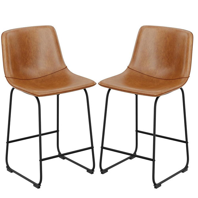 REONEY Bar Stools Set of 2, PU Leather Counter Height Bar Stools, 26" Modern Bar Stools with Metal Legs and Footrest, Urban Armless Dining Chairs with Backrest for Kitchen Island (Brown)