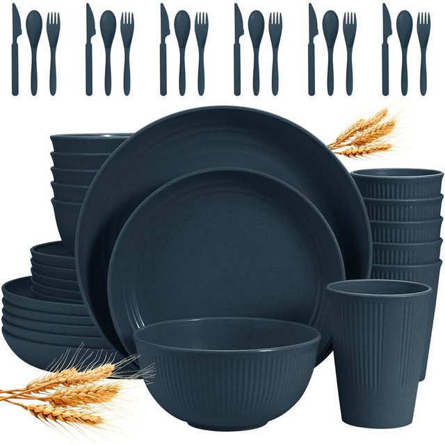 Wheat Straw Dinnerware Sets for 6 (42pcs), SGAOFIEE Plastic Plates and Bowls Sets, Dinner Plates, Pasta Bowls, Cereal Bowls, Microwave Dishwasher Safe Plates and Bowls Sets, Camping Dishes, Blue