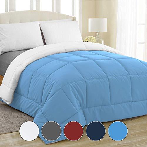 Equinox All-Season Sky Blue/White Quilted Comforter - Goose Down Alternative - Reversible Duvet Insert Set - Machine Washable - Hypoallergenic - Plush Microfiber Fill (350 GSM) Queen 88 x 88 Inches