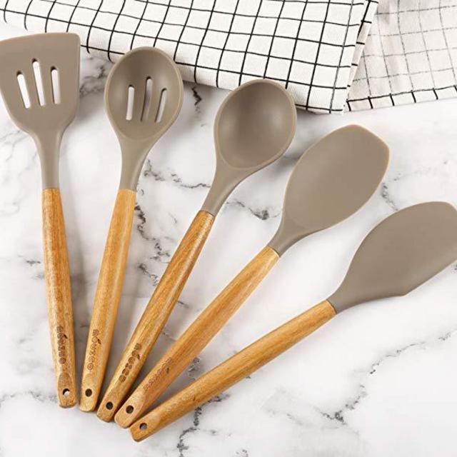 Miusco Silicone Cooking Utensils Set with Natural Acacia Hard Wood Handle, Grey, 5 Piece