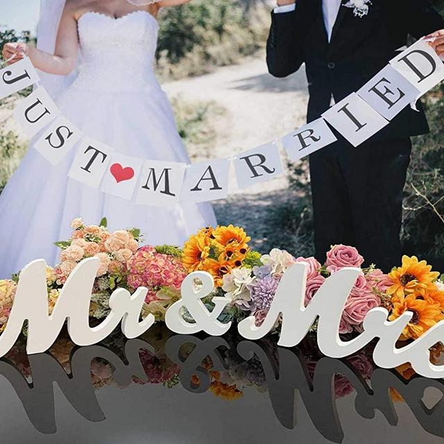 Viopvery Wedding Decorations Set, Mr and Mrs Sign & Just Married Banner Perfect for Wedding Table. Large Wooden Letters Mr and Mrs Signs,White