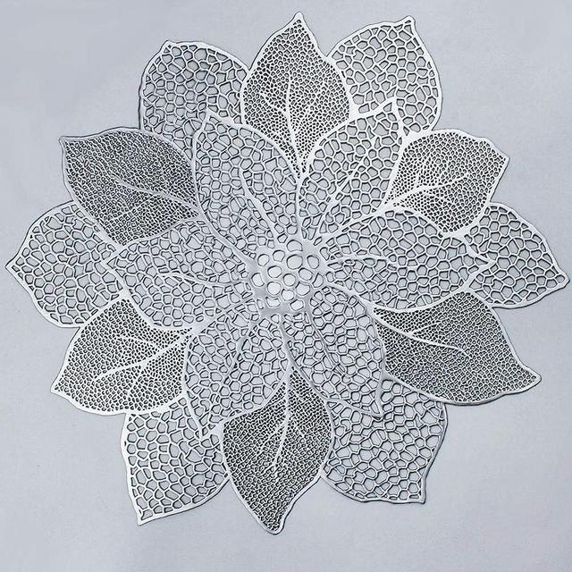 AdasBridal Silver Round Placemats for Dining Table Set of 6 Pressed Vinyl Metallic Table Mats Hollow Out Hibiscus Flower Place Mats for Dinner Table Decor Holiday Wedding Accent Centerpiece