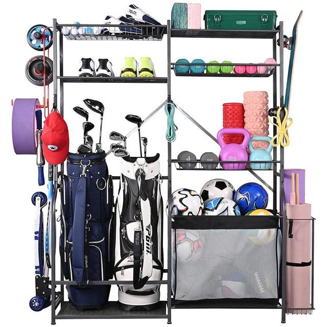 PLKOW Golf Storage Ball Rack Garage Organizer, 2 Golf Bag Organizer and Other Sports Equipment Organizer for Garage, Extra Large Size Sports Storage Rack for Garage