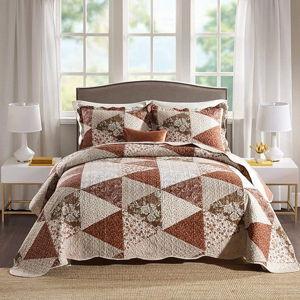HoneiLife Queen Size 3 Piece Microfiber Quilt Set - Brown Triangle Pattern, 90x96 Inch