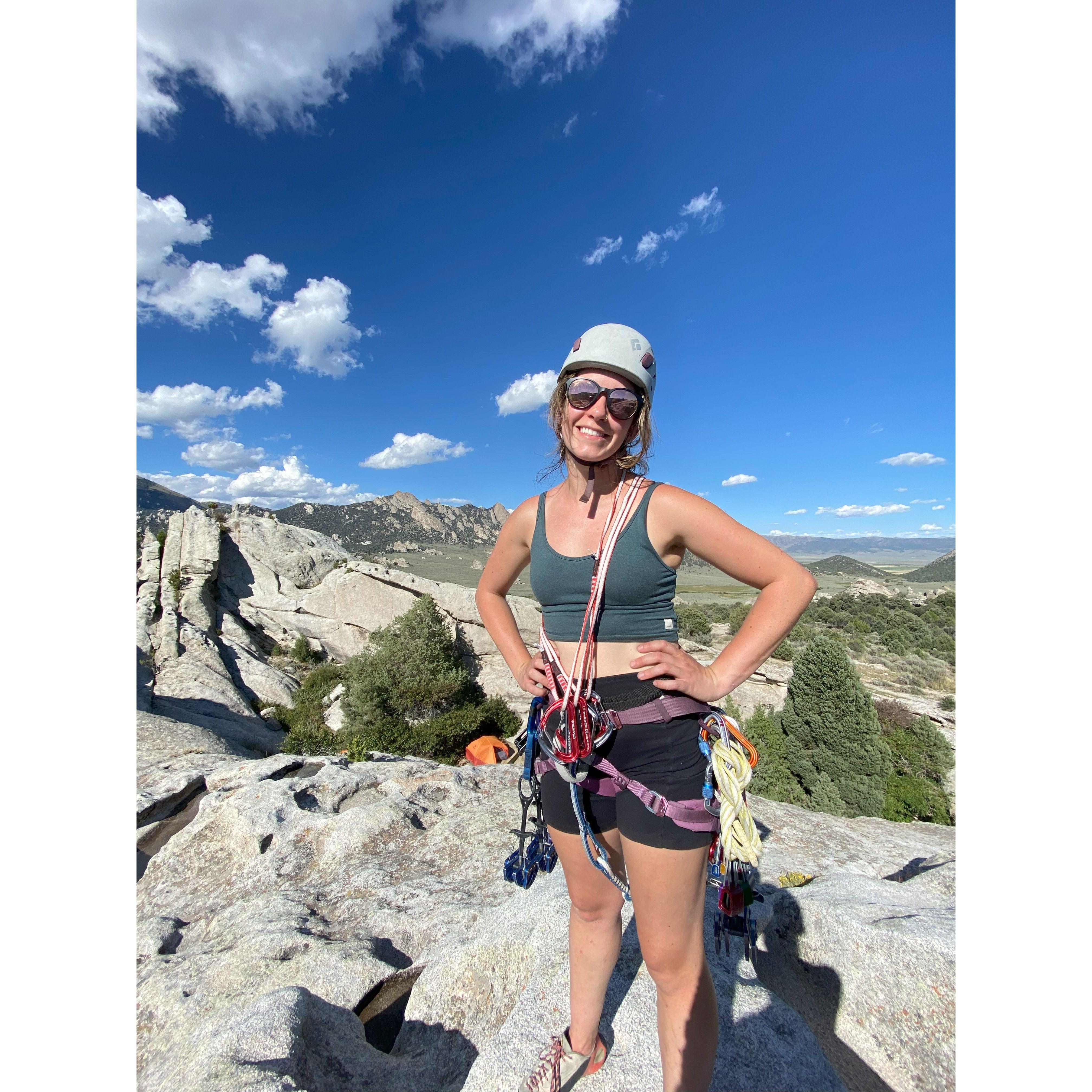 Tessa after her first trad lead at City of Rocks, ID