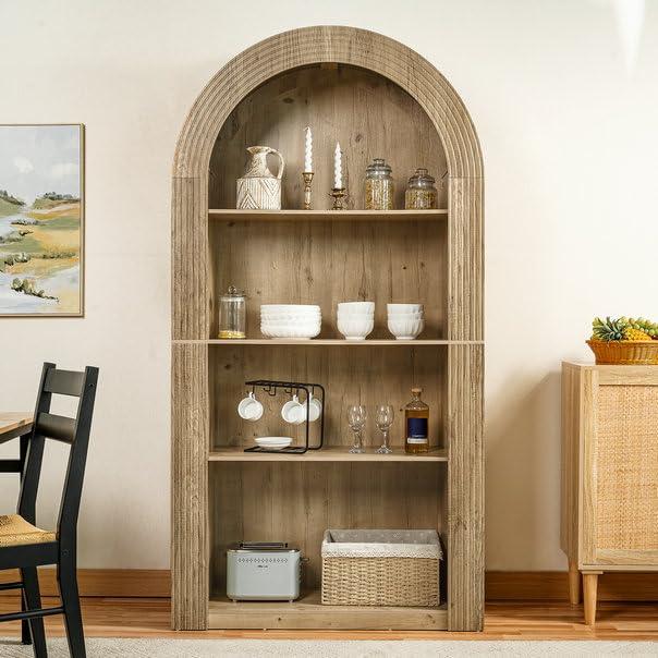 LUMISOL Arched Kitchen Pantry Cabinet with 4 Tier Shelf, Tall Arched Bookcase with Open Display Storage Shelf, 4-Tier Storage Bookcase for Living Room Dining Room, Natural