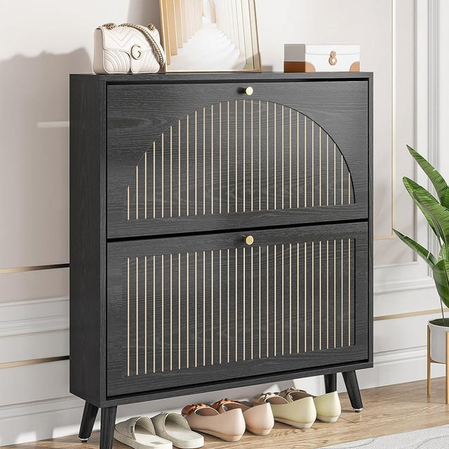 Fsbecl Shoe Storage Cabinet for Entryway with 2 Flip Drawers, Narrow Wood Shoe Cabinet with Fluted Panel, Freestanding Hidden Shoe Organizer for Foyer, Hallway (Black - No Shelf)