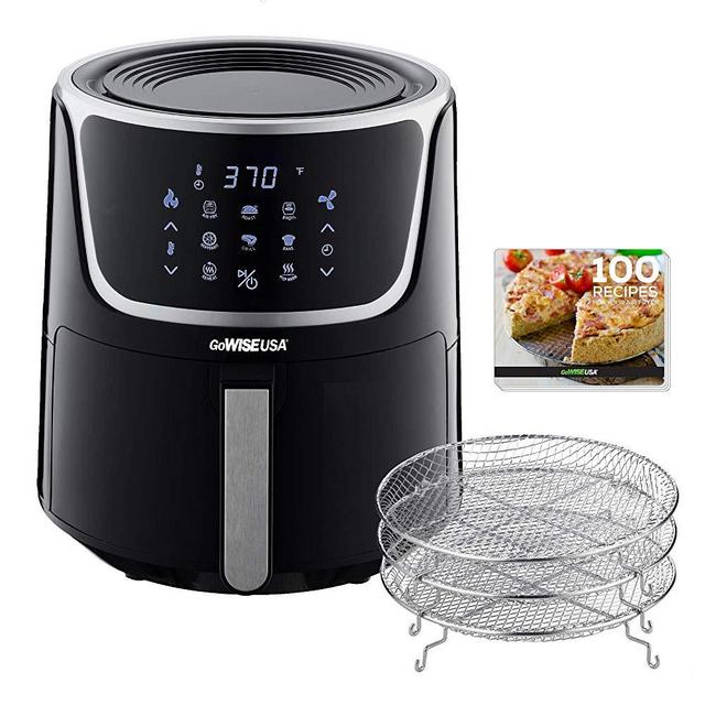 GoWISE USA GW22956 7-Quart Electric Air Fryer with Dehydrator & 3 Stackable Racks, Led Digital Touchscreen with 8 Functions + Recipes, 7.0-Qt, Black/Silver