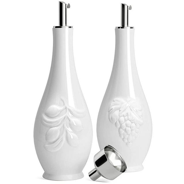 HOMBENE Porcelain Oil & Vinegar Cruet Bottle, 11 Oz Small Olive Oil Dispenser Bottle Ceramic with Funnel and Dripless Spout Set, Christmas Wedding Gift, 300ml, 2 Pack