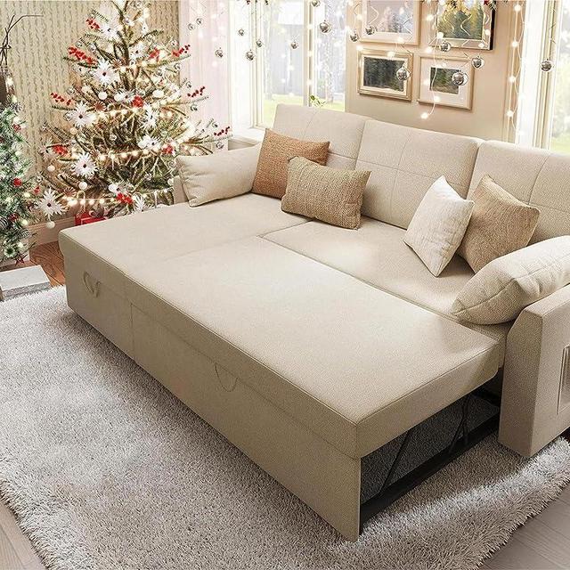 VanAcc Sleeper Sofa, Sofa Bed- 2 in 1 Pull Out Couch Bed with Storage Chaise for Living Room, Sofa Sleeper with Pull Out Bed, Beige Chenille Couch